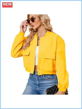 Cropped Bomber Jacket Baseball Collar Button Windproof Casual